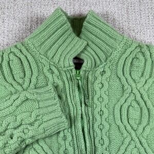 Aran Crafts Women's Medium Green Chunky Cable Knit 100% Wool Full Zip Sweater